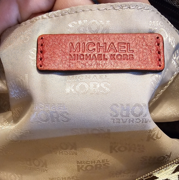 Michael Kors Monogrammed Shoulder Handbag with Red Leather accents EUC - Picture 3 of 16